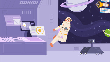 Astronaut in spacesuit flying in spaceship. Workplace on ship, space exploration, zero gravity cosmonaut. Universe and cosmos, vector illustration © MicroOne