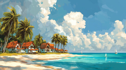 Naklejka premium Tropical beach panorama view, Bungalows stay in Sea, coastline with palms, Caribbean sea in sunny day, summer time, Tropical seascape with Bungalows, turquoise sea or ocean under sky