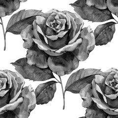 Seamless pattern with roses. Black flowers and leaves. Abstract monochrome pattern illustration in floral style. Idea for material, scarf, fabric, textile, wallpaper, wrapping paper