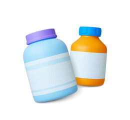Big plastic jars 3d icons. Jar for sports nutrition, storage of medicines or bulk products. Universal household containers, realistic rendering vector elements