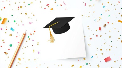 White Paper with Black Graduation Cap (Gold Tassel) Pattern on a White Background, with a Golden Pencil Beside, Surrounded by Colorful Confetti and Golden Star Decorations, Filled with Cheerful Gradua