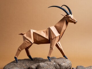 Obraz premium An intricately folded origami ibex stands majestically against a rugged rocky landscape
