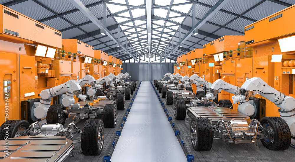 Poster automation automobile factory with robot assembly line manufacture ev car