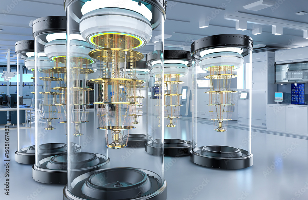 Poster quantum computer machines in shield capsules at laboratory