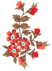 This stunning image showcases an intricate, abstract Indian floral design. Delicate, swirling patterns and vibrant, jewel-toned flowers dance across the canvas, set against a crisp, white background