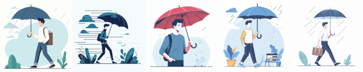 vector of a young man holding an umbrella