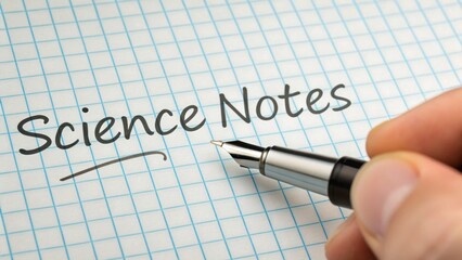 Hand writing "Science Notes" with a fountain pen on grid paper. Concept of School Supplies That Boost Writing and School work Success.
