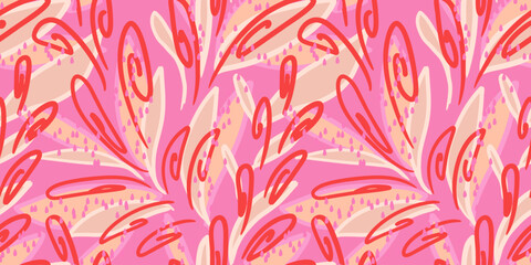 Seamless abstract pattern in vibrant red, pink tones, featuring unique swirling shapes. Organic shapes, flowing lines, and dynamic composition print. Design for fabric, wrapping paper, and home decor