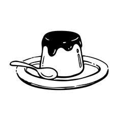 A delicious dessert pudding topped with a glossy layer, served on a plate with a spoon ready to enjoy.