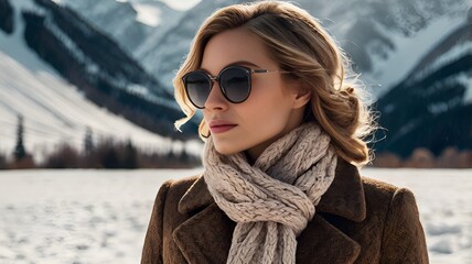 Elegant woman in a wheelchair enjoys a snowy day in a park with a serene and peaceful atmosphere.