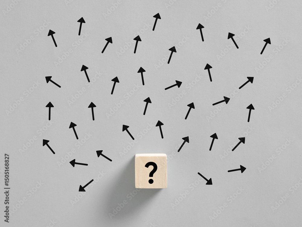 Poster question mark and many arrows pointing in different directions representing confusion and indecision