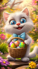 Adorable White Kitten with Easter Eggs in a Basket