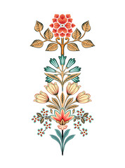 This stunning image showcases an intricate, abstract Indian floral design. Delicate, swirling patterns and vibrant, jewel-toned flowers dance across the canvas, set against a crisp, white background
