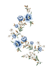 This stunning image showcases an intricate, abstract Indian floral design. Delicate, swirling patterns and vibrant, jewel-toned flowers dance across the canvas, set against a crisp, white background
