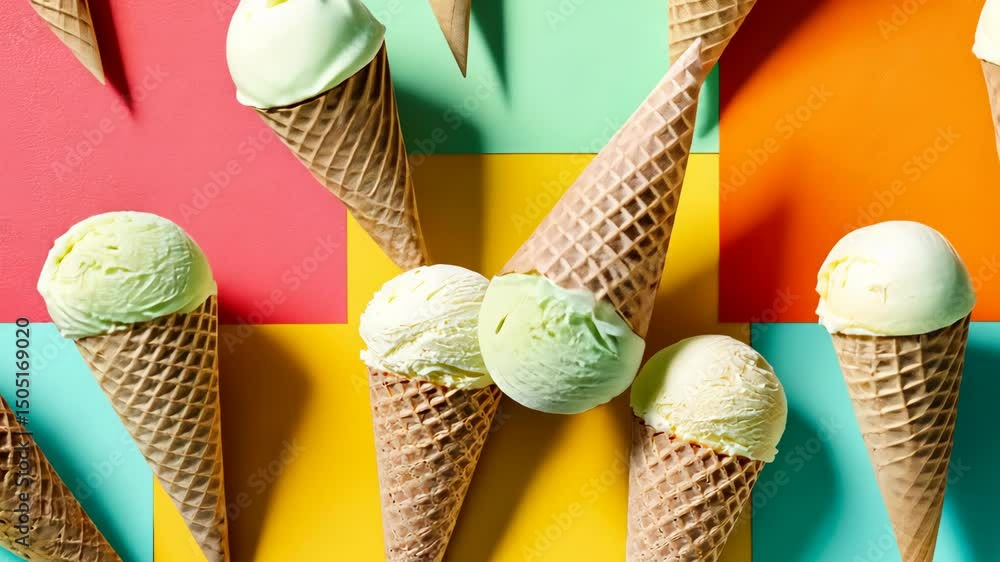 Poster row of yellow ice cream cones with a yellow ice cream in the middle. the cones are arranged in a pat