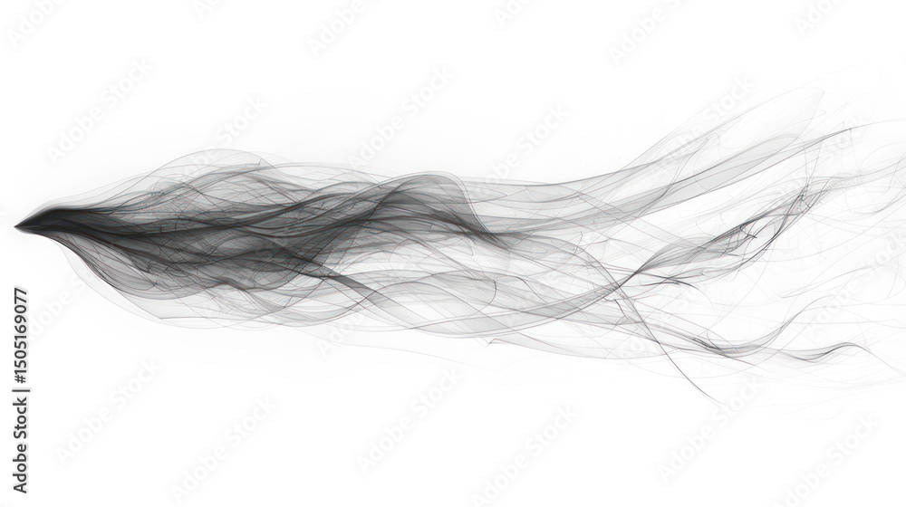 Poster ethereal black smoke flowing elegantly against white background, creating abstract texture and movem