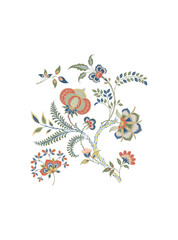 This stunning image showcases an intricate, abstract Indian floral design. Delicate, swirling patterns and vibrant, jewel-toned flowers dance across the canvas, set against a crisp, white background