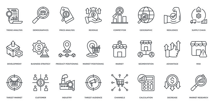 Market Research icon set. Containing trend analysis, demographics, price analysis, competitor, business strategy, customer, budget. Outline style