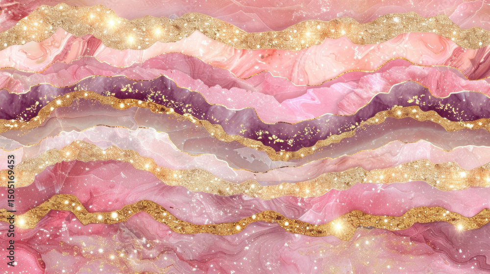 Poster abstract pink marble background with shimmering gold lines and wavy texture for elegant design proje