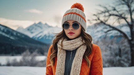 A stylish woman in a blue knit hat and scarf enjoys a snowy day in a mountainous landscape.
