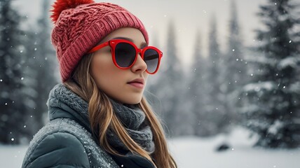 Woman in winter attire stands against a backdrop of snow-covered mountains, creating a serene vibe.