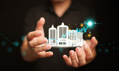 Real estate growth concept with building icons and rising curve on hand, symbolizing property investment, market expansion, and realestate development.