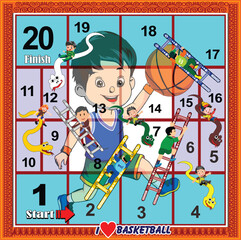 20 Steps Snakes and Ladders Board Game with Sports Theme: I Love Basket ball.
Editable and ready to print.