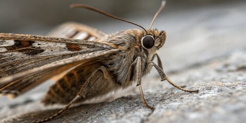 Macro close-up of a brown butterfly, an insect, on a leaf, highlighting its intricate wing detail against a natural background
