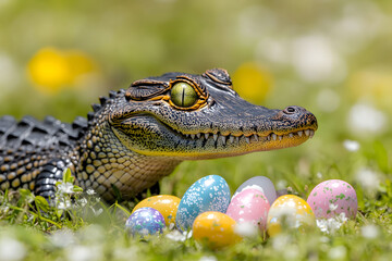 Fototapeta premium Adorable Baby Alligator Among Colorful Easter Eggs in a Grassy Meadow