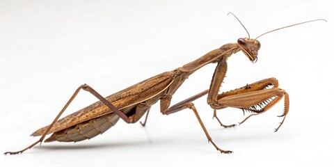 Green praying mantis insect, a close-up wildlife predator, isolated on a white background