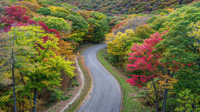 Scenic autumn landscape with colorful trees lining winding road in vibrant fall foliage