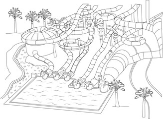 Line Art Drawing of Water Slides at Yas Island Water Park, Black and white line art illustration depicting a complex water slide structure descending into a swimming pool, surrounded by palm trees 