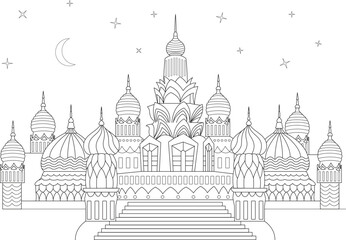 Stylized Global Village Building Line Art, Black and white line drawing illustration of a fantasy-style building complex with multiple domes, spires, and intricate details. Features a crescent moon 