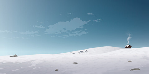 Minimalist snowscape with a cottage on hill in a day with clear skies graphic illustration have blank space.