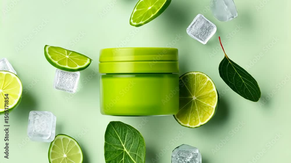 Poster green container with a lime on top of it. the container is next to a bunch of lime slices and some i