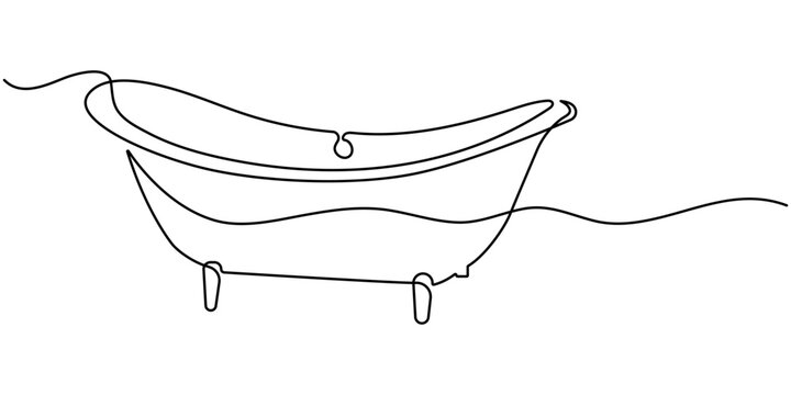 Naklejki Continuous one line drawing of bathtub design. Continuous Line Drawing of Baby Bath Icon. Bathtub in continuous line art drawing style. Simple bath in single line draw illustration. Editable stroke.