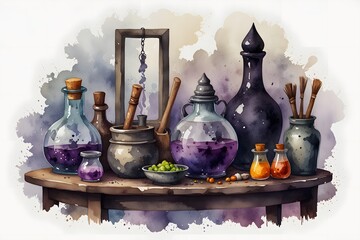 Witch's potion-making station in watercolor style