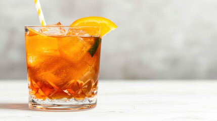 Refreshing Citrus Beverage in a Glass with Ice and a Straw, Perfect for Summer Refreshments and Relaxation Moments