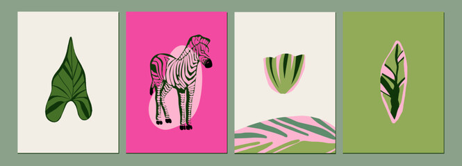 Abstract Botanical and Zebra Art Prints Set