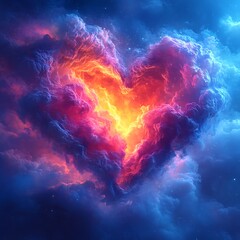 A vibrant and stunning celestial heart shape illustration formed by colorful nebulae and clouds.