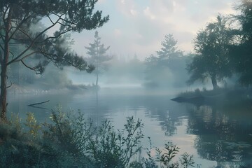 Serene Lake with Morning Mist and Pine Trees