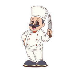 Chef mascot with happy face and dynamic pose, holding a knife, wearing a classic hat and uniform, ideal for food projects or branding. Vector illustration