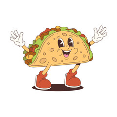 Cheerful taco mascot standing with hands and shoes in a colorful cartoon style. Great for food branding, advertising and playful design elements. Perfect for fun food projects. Vector illustration