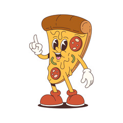 Cheerful pizza mascot wearing gloves and shoes, standing confidently with a friendly expression. Ideal for food marketing, children’s entertainment, and promotional materials. Vector illustration