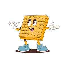 Cheerful animated waffle mascot with friendly face, white gloves, and blue shoes suitable for food branding, advertising, packaging, or fun design purposes. Vector illustration