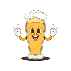 Cheerful cartoon beer mascot with white foam hat and raised hands, designed for food promotions, social media, or festive branding. Vector illustration