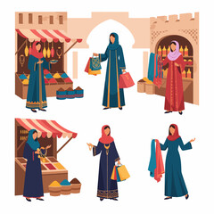 Arab women shopping at market stalls