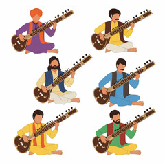 Sitar players musicians in various traditional outfits