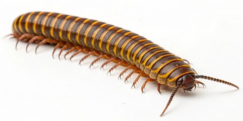 White background macro of a small brown hairy caterpillar, a creature or insect larva isolated for a close-up wildlife shot