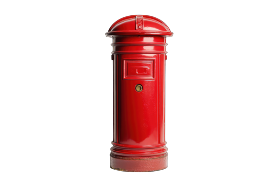 A vibrant red cylindrical mailbox stands against a black background;  a classic design with a domed top and small slot